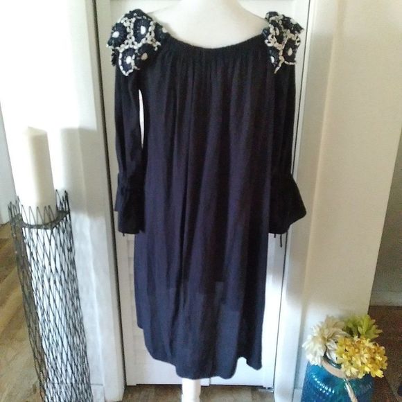 𝅺LOFT Off Shoulder navy pullover daisy collar women Shift Dress tie cuff. Sz. S - Picture 8 of 10